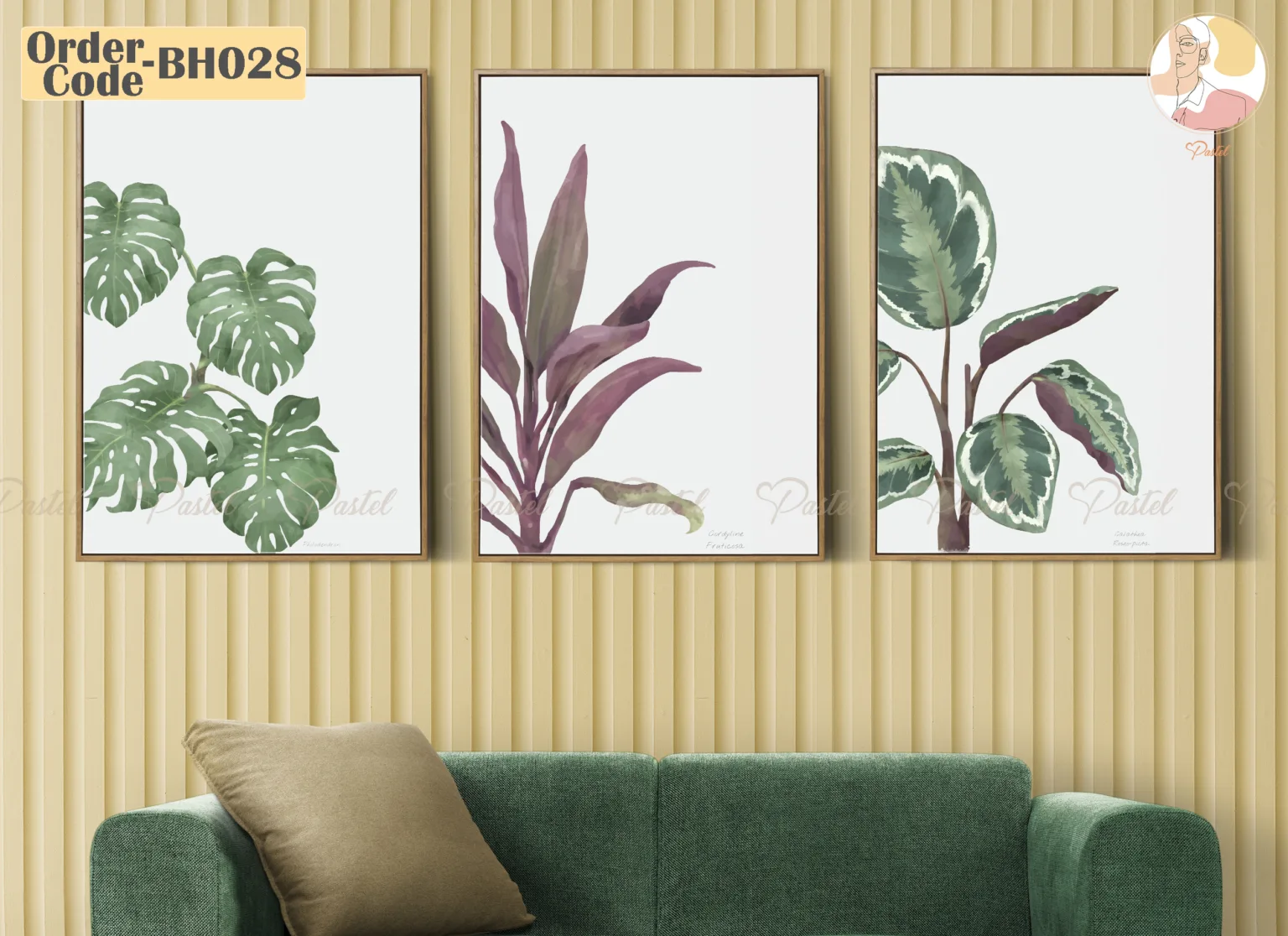 Framed botanical art on wall.