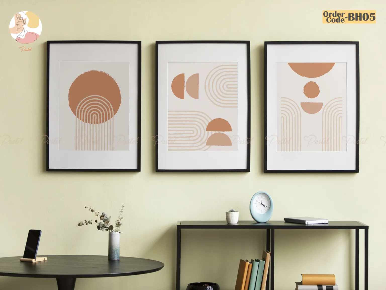 Three framed abstract wall art pieces.
